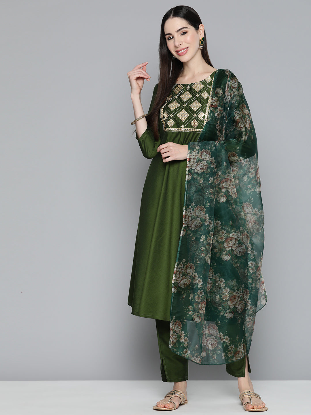 Jompers Women's Olive Green Floral Embroidered Mirror Work Kurta with Trousers & With Dupatta - Distacart