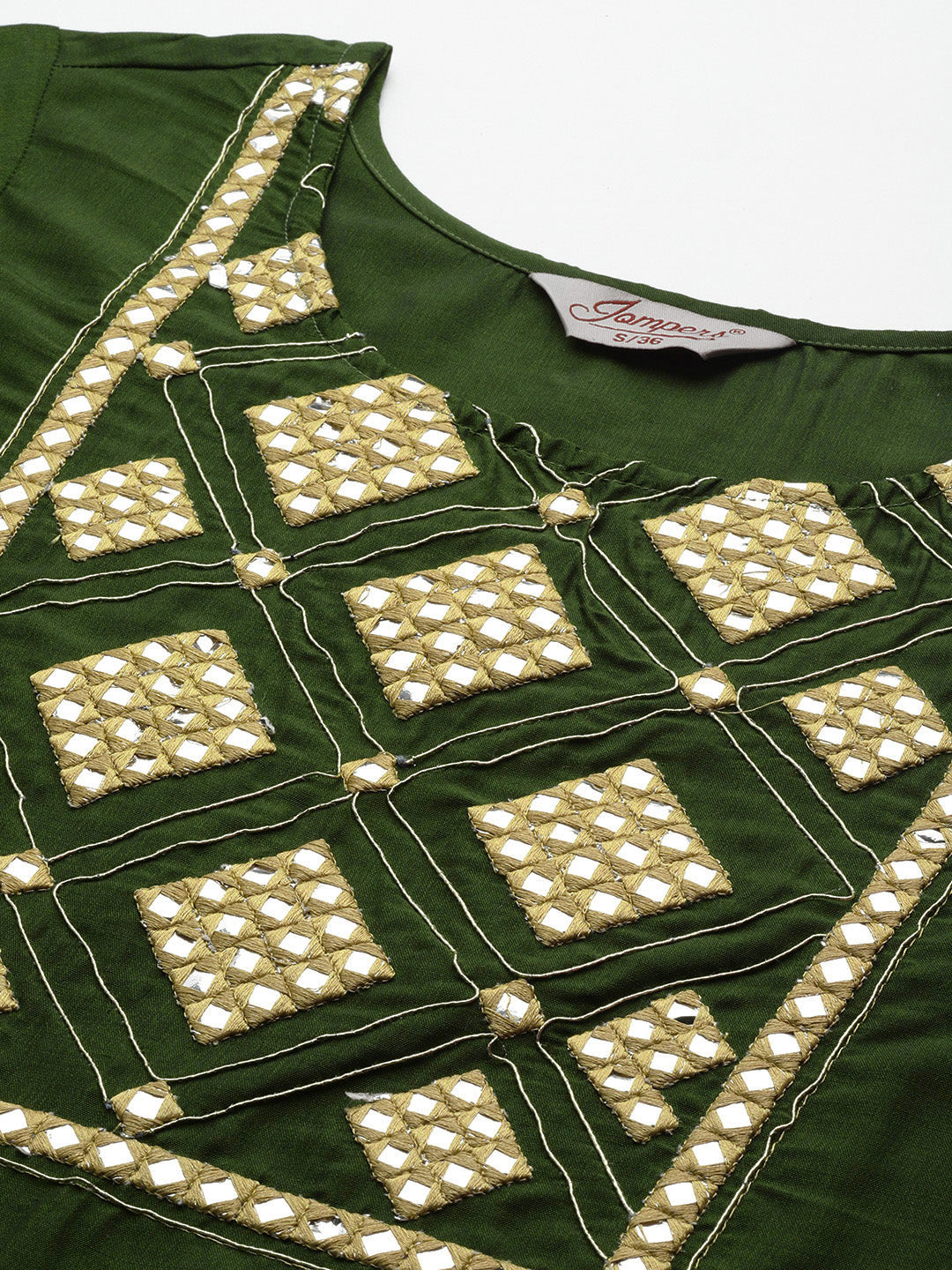 Jompers Women's Olive Green Floral Embroidered Mirror Work Kurta with Trousers & With Dupatta - Distacart