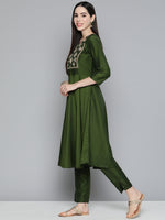Thumbnail for Jompers Women's Olive Green Floral Embroidered Mirror Work Kurta with Trousers & With Dupatta - Distacart