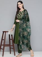 Thumbnail for Jompers Women's Olive Green Floral Embroidered Mirror Work Kurta with Trousers & With Dupatta - Distacart