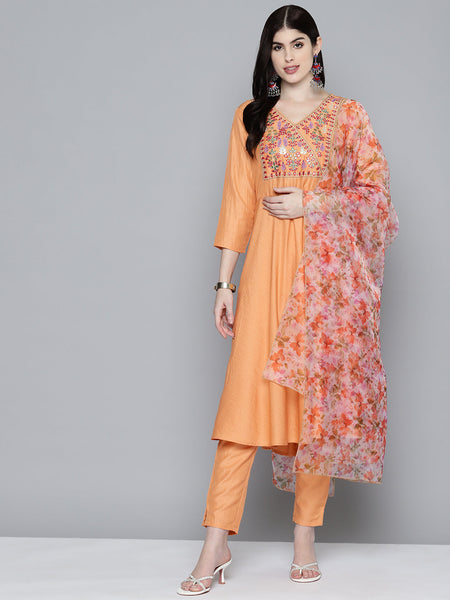 Jompers Women's Embroidered Thread Work Kurta & Trousers With Dupatta - Orange - Distacart