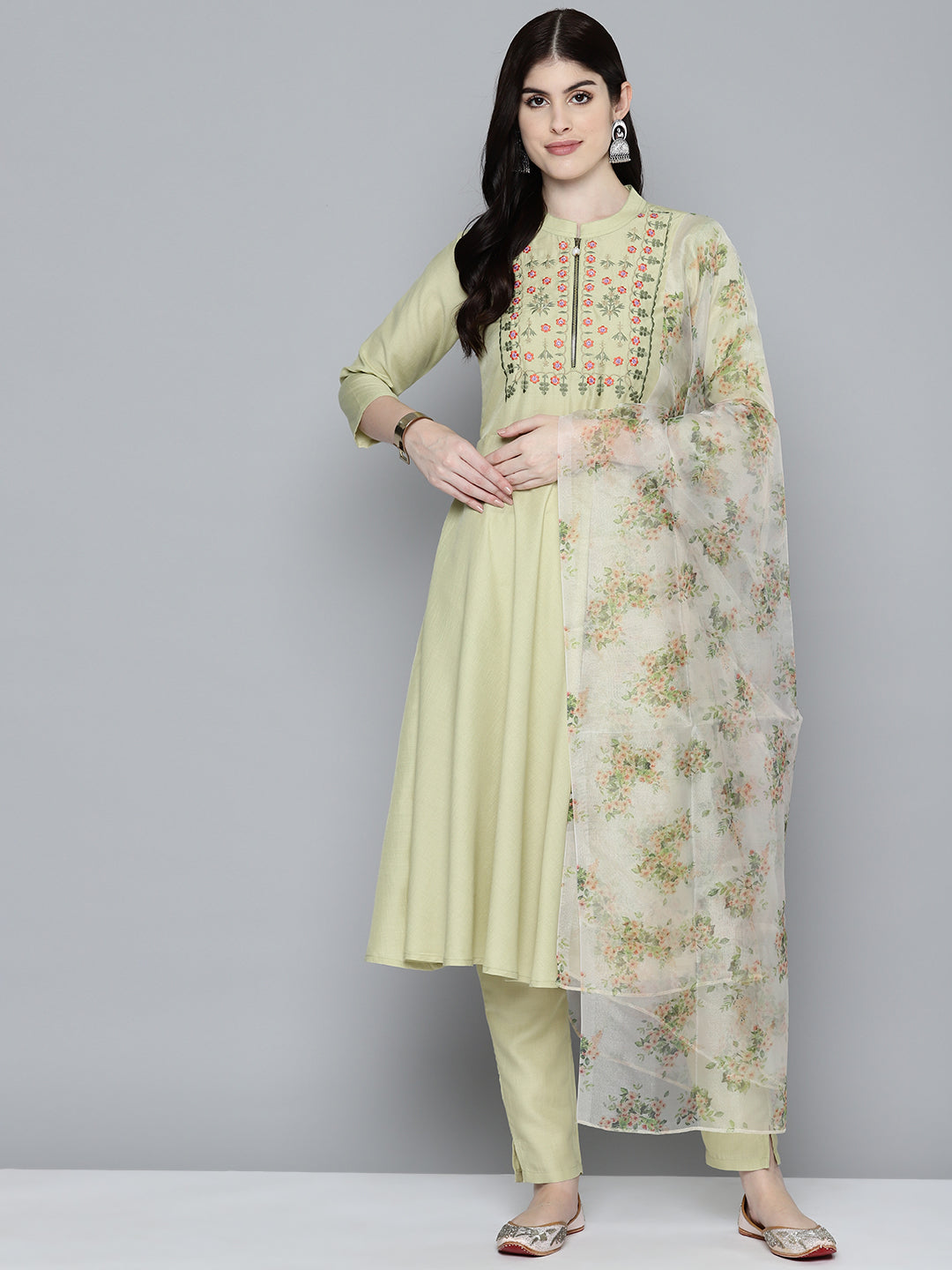Jompers Women's Embroidered Thread Work Kurta & Trousers With Dupatta - Lime - Distacart