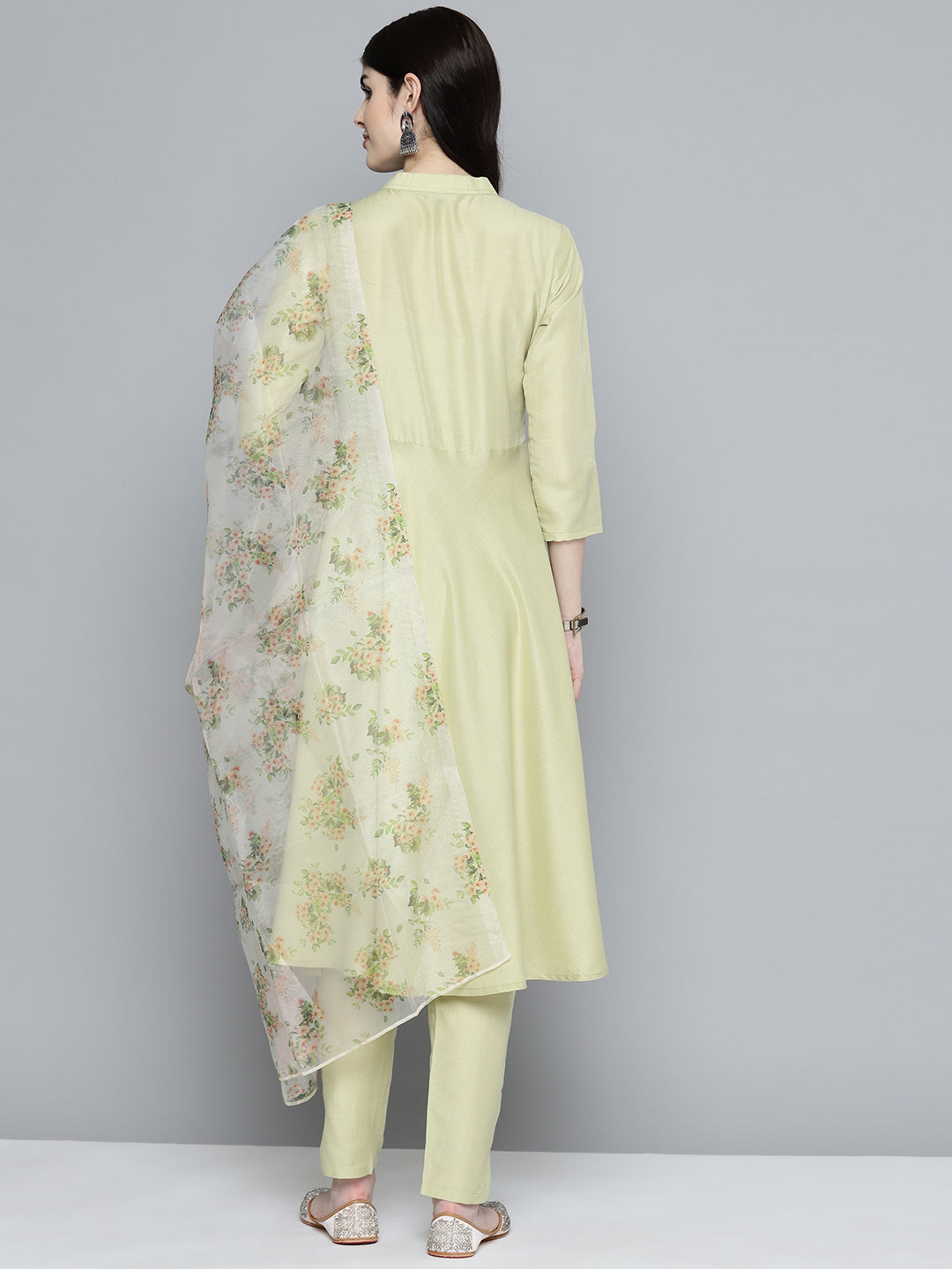 Jompers Women's Embroidered Thread Work Kurta & Trousers With Dupatta - Lime - Distacart
