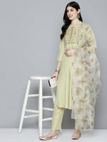 Thumbnail for Jompers Women's Embroidered Thread Work Kurta & Trousers With Dupatta - Lime - Distacart