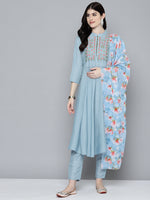 Thumbnail for Jompers Women's Embroidered Thread Work Kurta & Trousers With Dupatta - Grey - Distacart