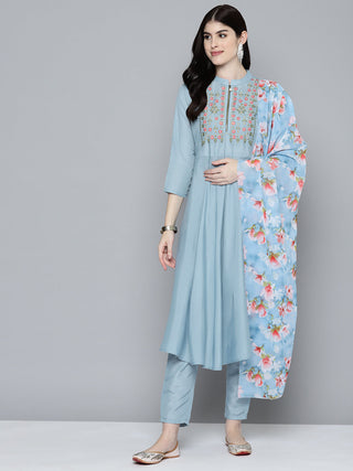 Jompers Women's Embroidered Thread Work Kurta & Trousers With Dupatta - Grey - Distacart