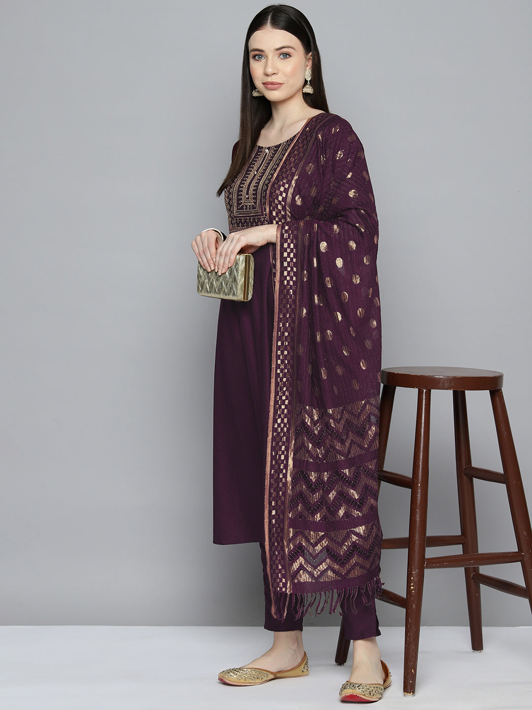 Jompers Women's Sequin, zari embroidered flared kurta with pants and dupatta - Purple - Distacart