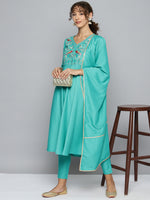 Thumbnail for Jompers Women's Embroidered Silk Flared kurta,pant with dupatta set - Green - Distacart