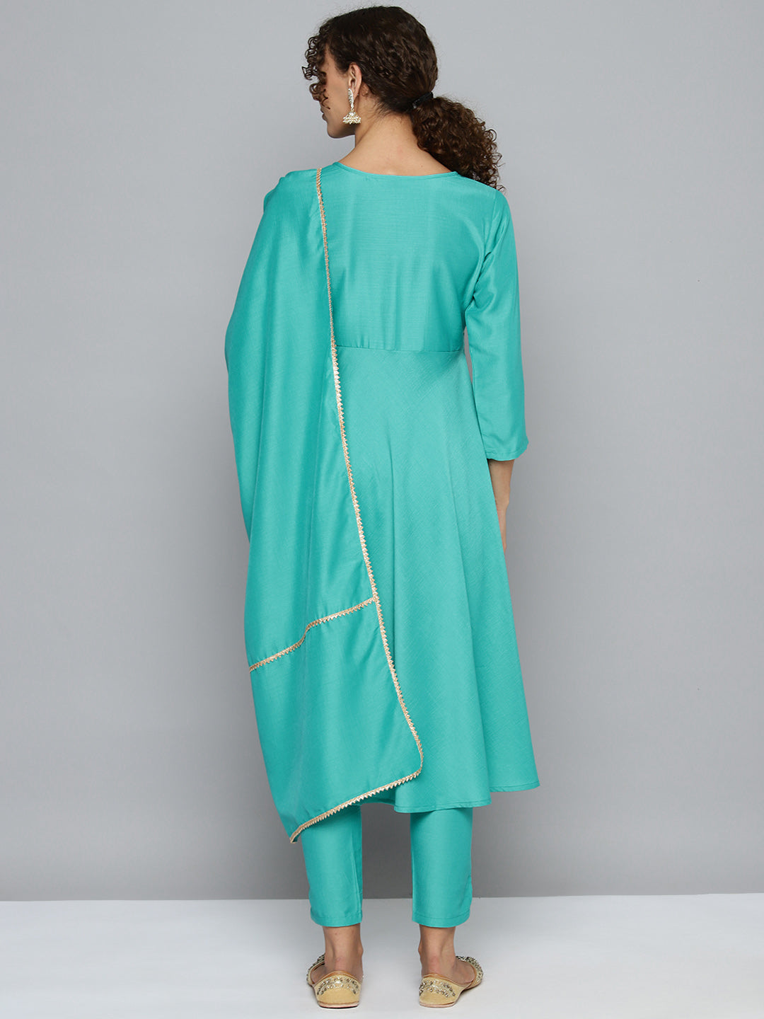 Jompers Women's Embroidered Silk Flared kurta,pant with dupatta set - Green - Distacart