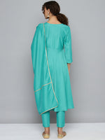 Thumbnail for Jompers Women's Embroidered Silk Flared kurta,pant with dupatta set - Green - Distacart