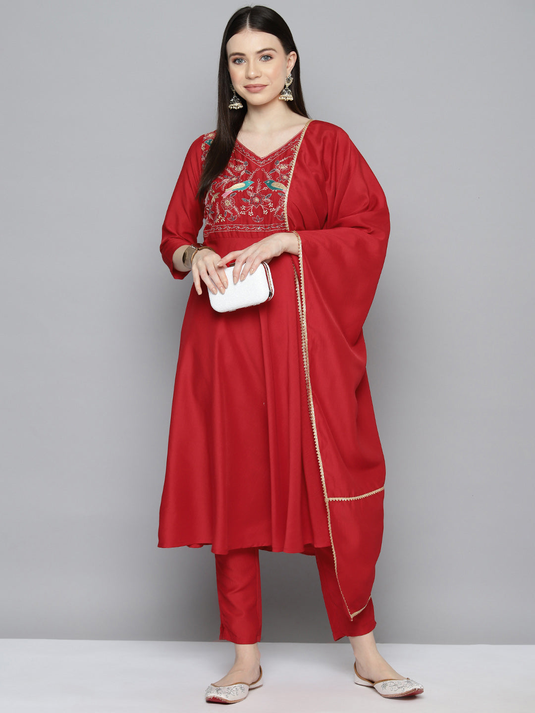Jompers Women's Embroidered Silk Flared kurta,pant with dupatta set - Red - Distacart