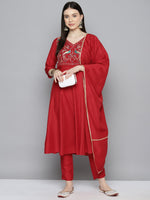 Thumbnail for Jompers Women's Embroidered Silk Flared kurta,pant with dupatta set - Red - Distacart