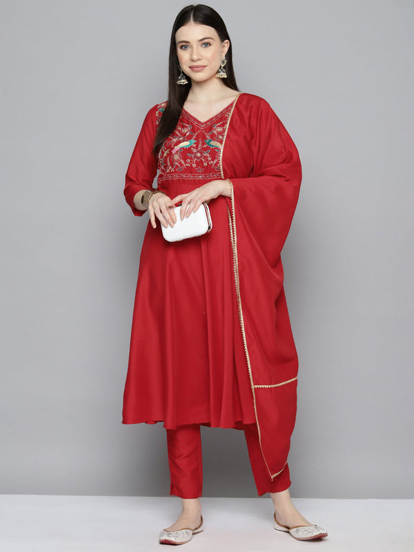 Jompers Women's Embroidered Silk Flared kurta,pant with dupatta set - Red - Distacart