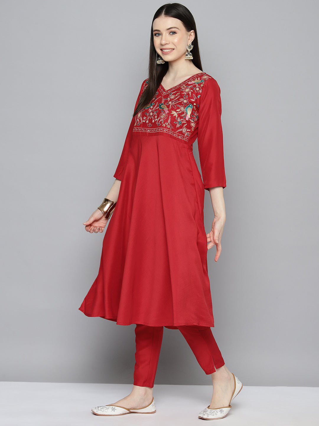 Jompers Women's Embroidered Silk Flared kurta,pant with dupatta set - Red - Distacart
