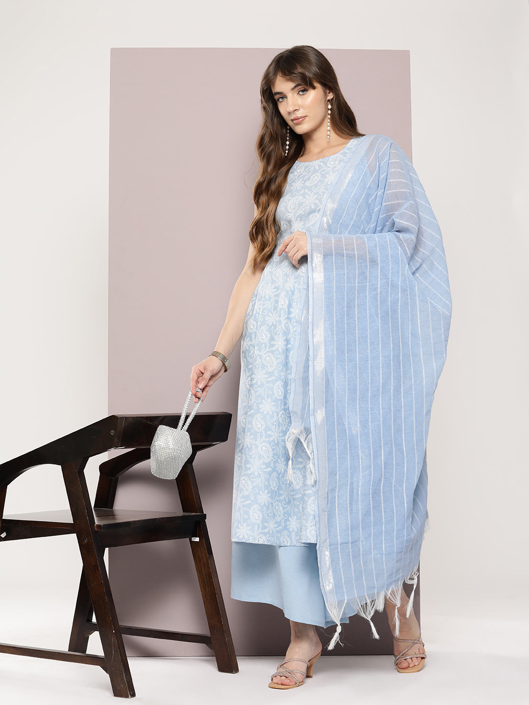 Jompers Women's Printed flared kurta palazzo dupatta set - Blue - Distacart