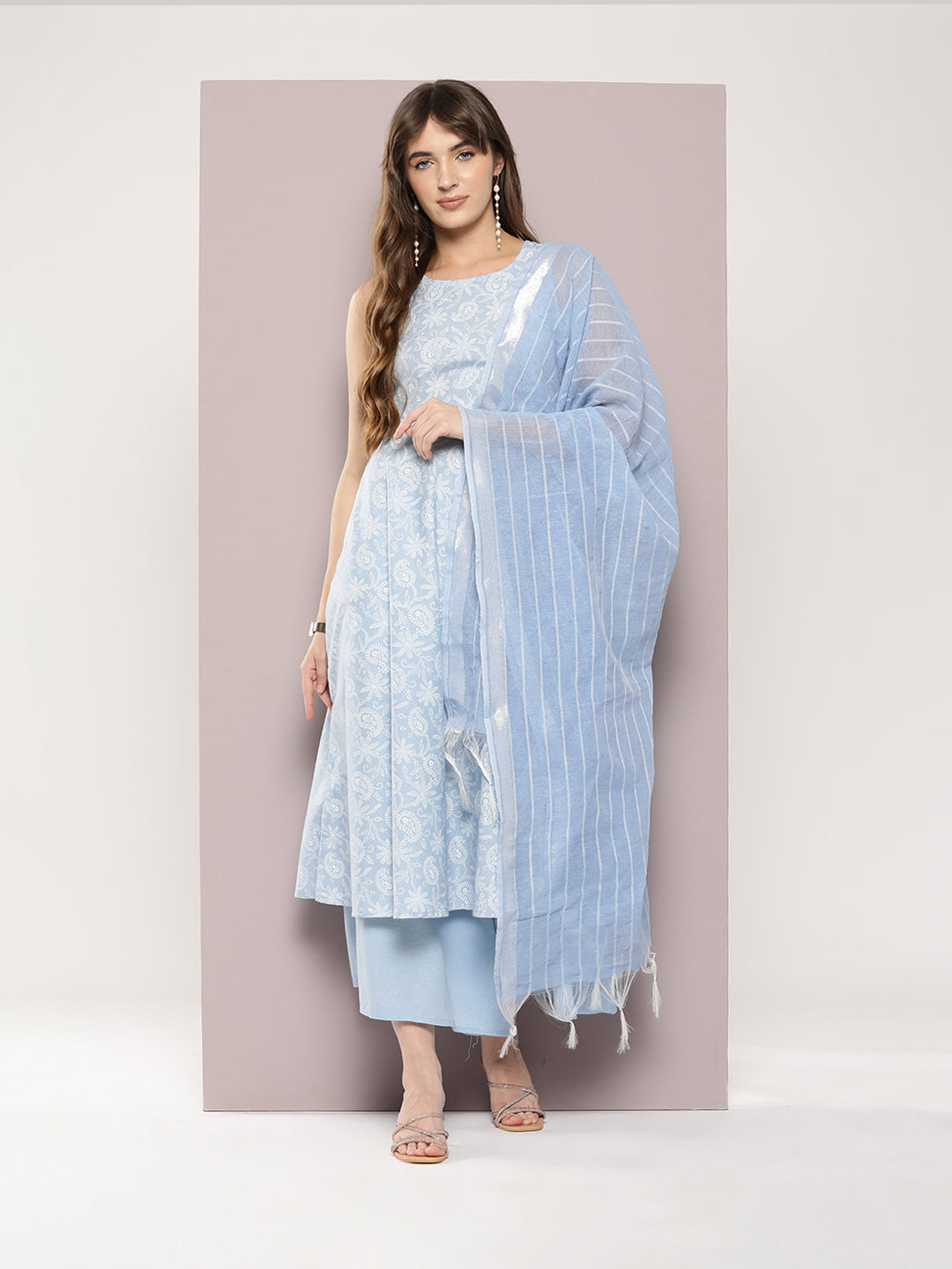 Jompers Women's Printed flared kurta palazzo dupatta set - Blue - Distacart