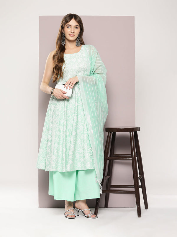 Jompers Women's Printed flared kurta palazzo dupatta set - Green - Distacart