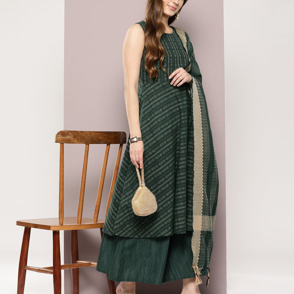 Jompers Women's Jacquard flared kurta palazzo dupatta set - Olive - Distacart