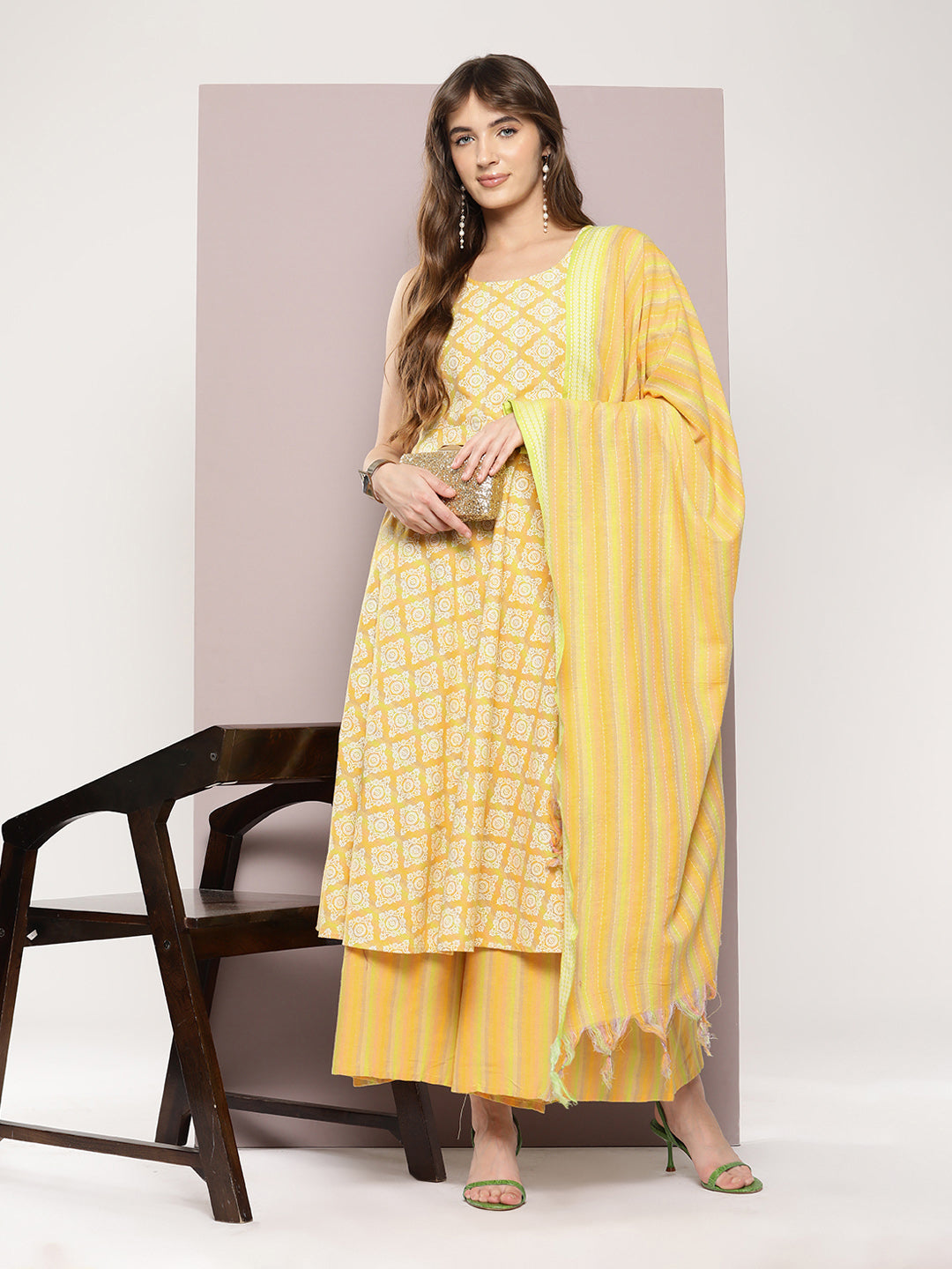 Jompers Women's Printed flared kurta palazzo dupatta set - Yellow - Distacart