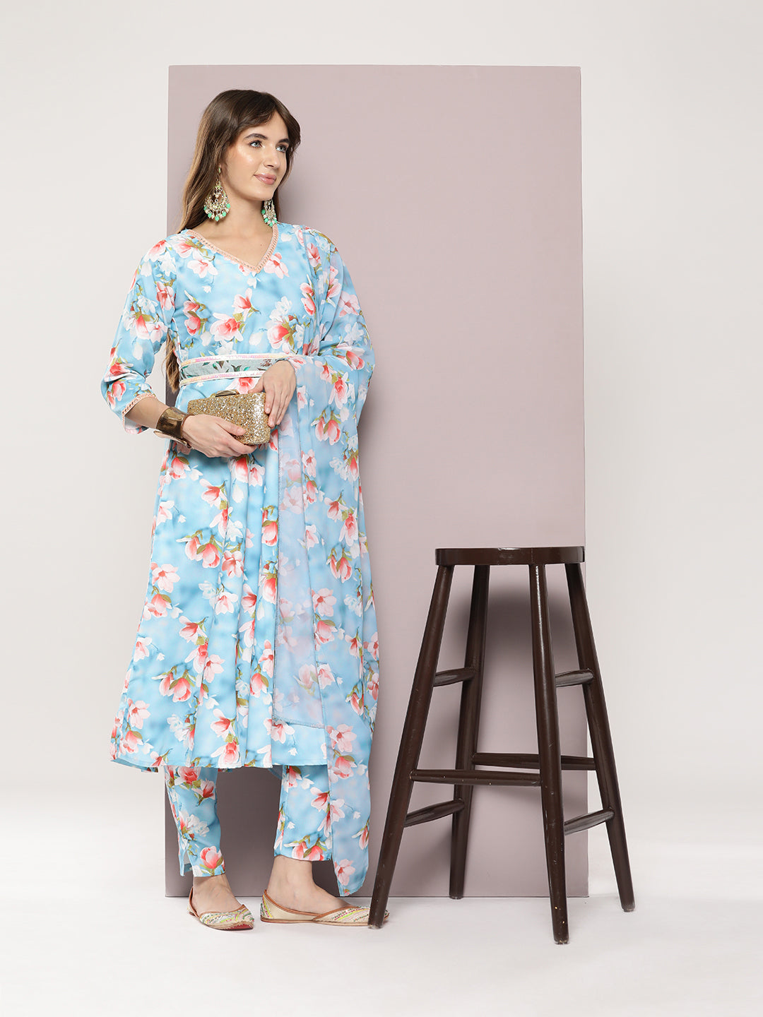 Jompers Women's Mirror work detailing, linen printed flared kurta with trousers and dupatta - Grey - Distacart