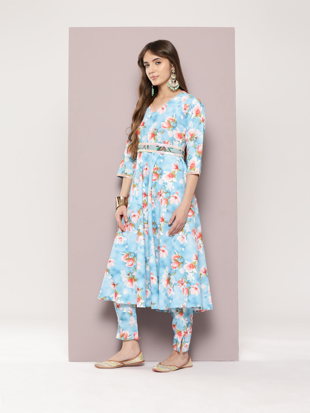 Jompers Women's Mirror work detailing, linen printed flared kurta with trousers and dupatta - Grey - Distacart