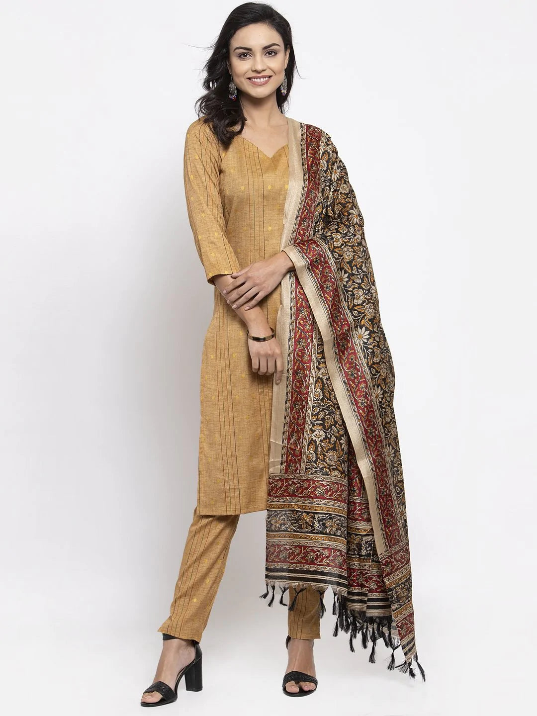 Jompers Women's Beige & Black Striped Kurta with Trousers & Printed Dupatta - Distacart