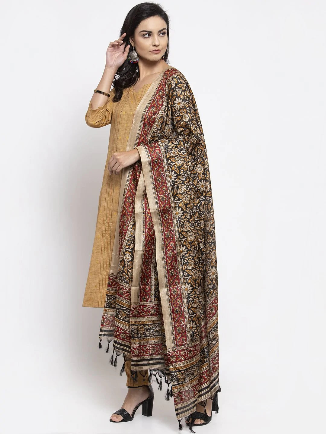 Jompers Women's Beige & Black Striped Kurta with Trousers & Printed Dupatta - Distacart