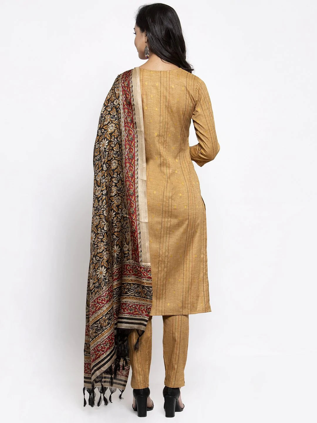 Jompers Women's Beige & Black Striped Kurta with Trousers & Printed Dupatta - Distacart