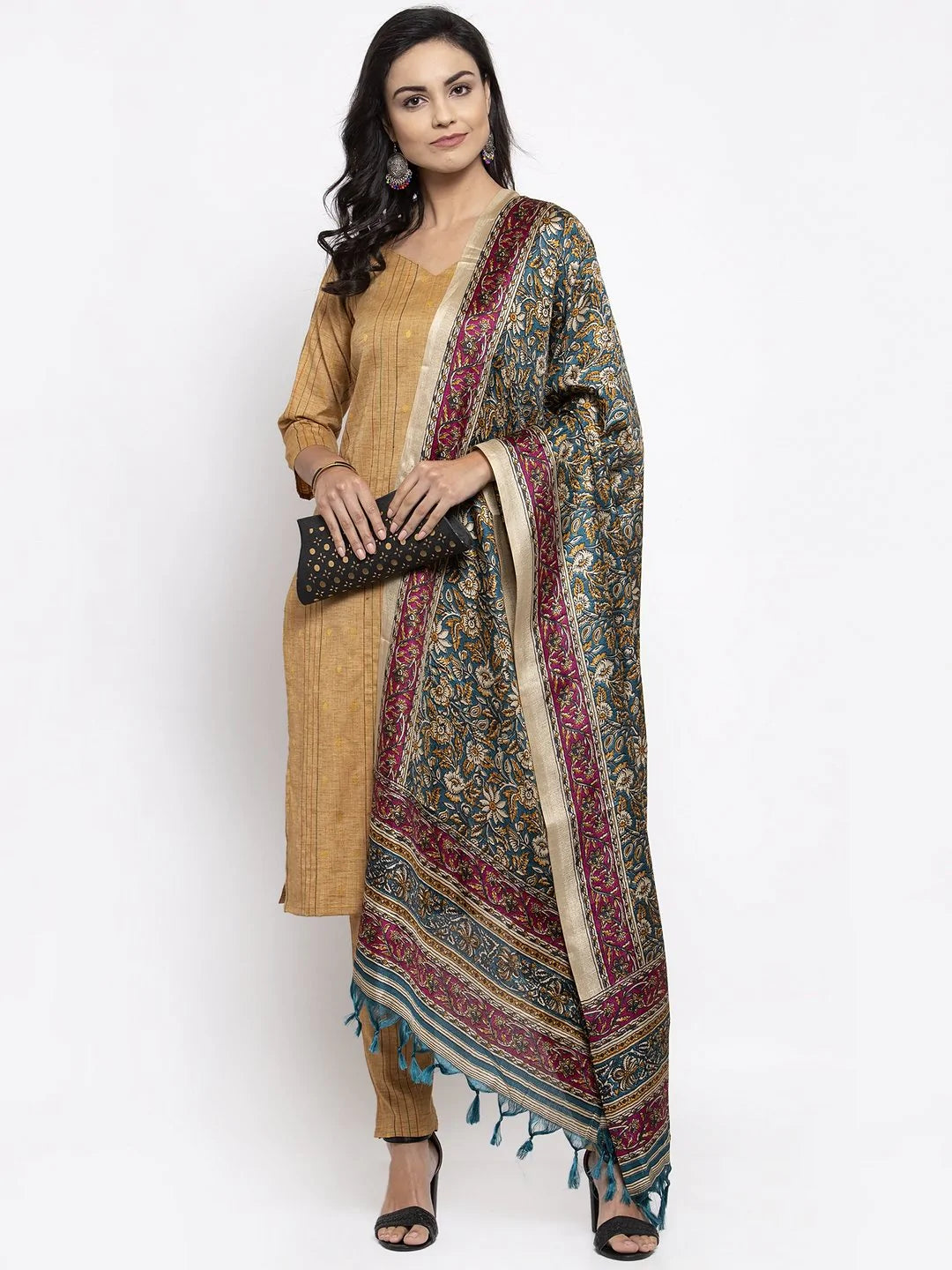 Jompers Women's Beige & Black Striped Kurta with Trousers & Green Printed Dupatta - Distacart