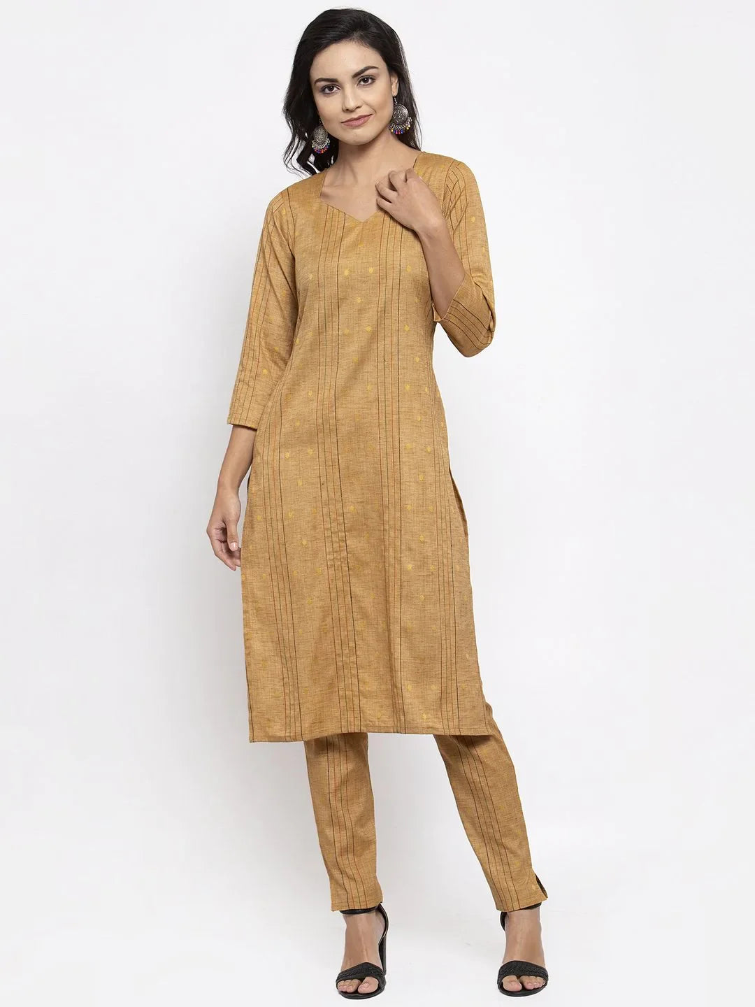 Jompers Women's Beige & Black Striped Kurta with Trousers & Green Printed Dupatta - Distacart