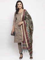 Thumbnail for Jompers Women's Grey Striped Kurta with Trousers & Green Printed Dupatta - Distacart