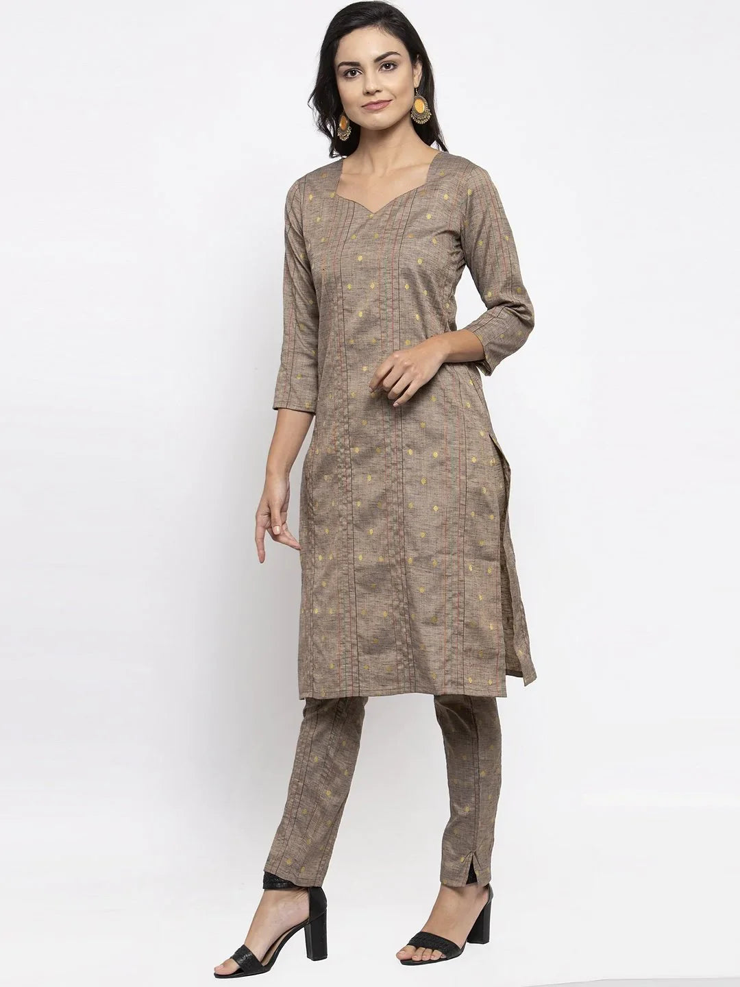 Jompers Women's Grey Striped Kurta with Trousers & Green Printed Dupatta - Distacart