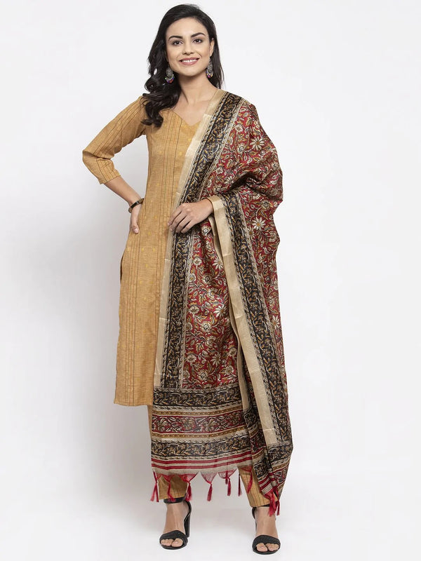 Jompers Women's Beige & Black Striped Kurta with Trousers & Red Printed Dupatta - Distacart