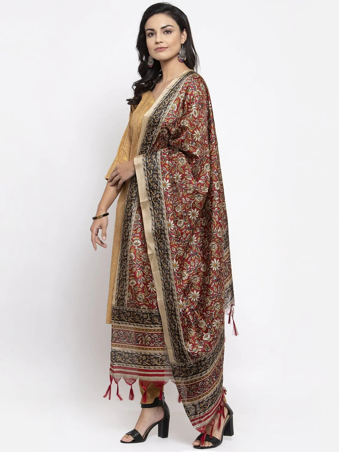 Jompers Women's Beige & Black Striped Kurta with Trousers & Red Printed Dupatta - Distacart