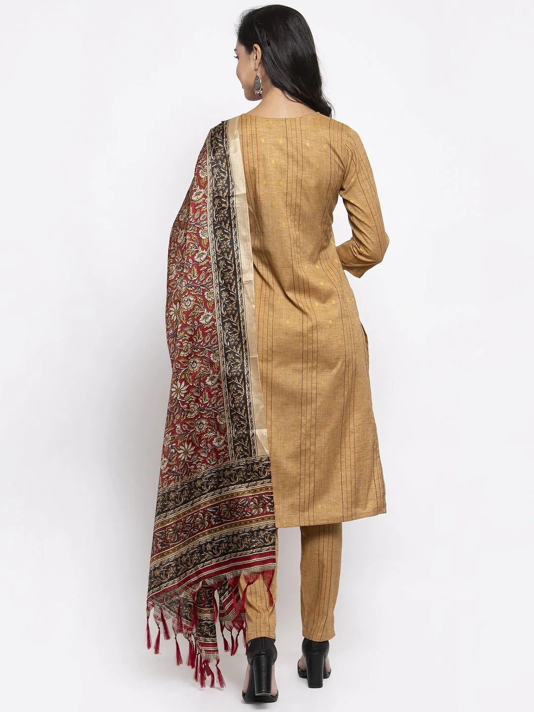 Jompers Women's Beige & Black Striped Kurta with Trousers & Red Printed Dupatta - Distacart