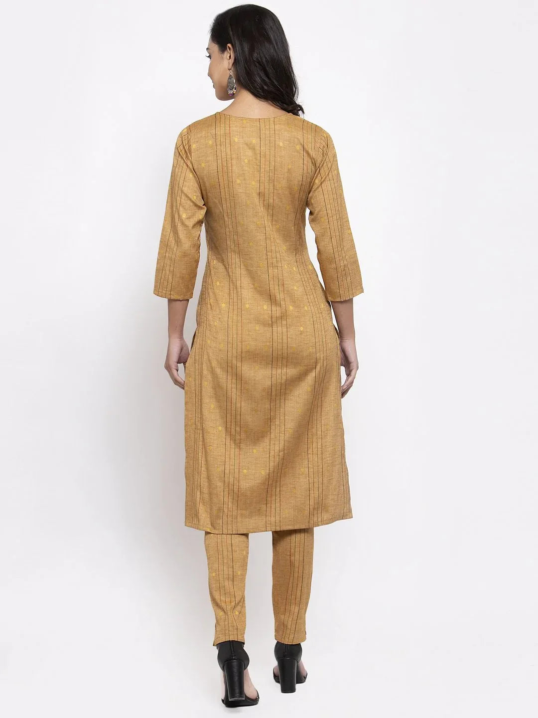 Jompers Women's Beige & Black Striped Kurta with Trousers & Red Printed Dupatta - Distacart
