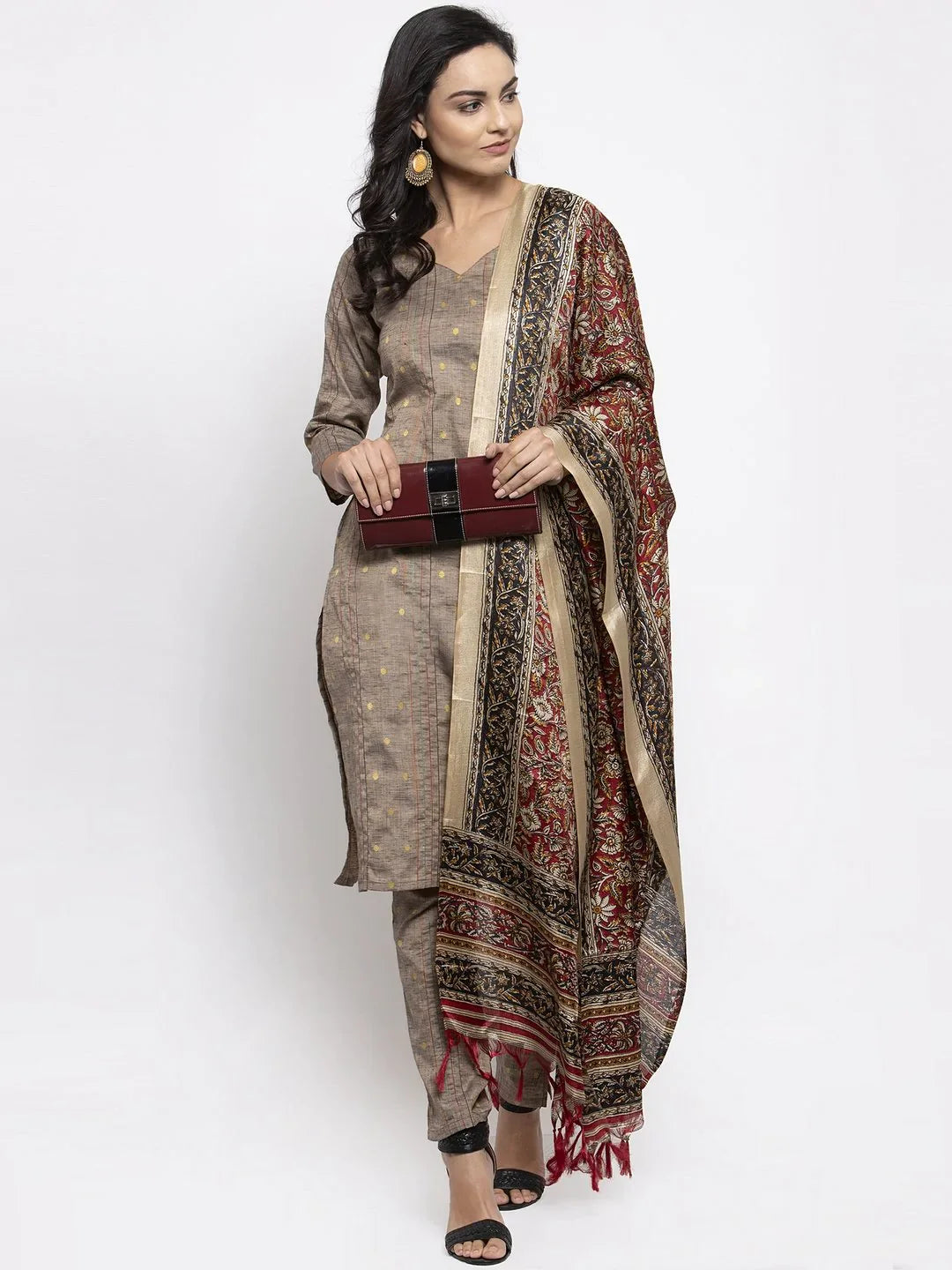 Jompers Women's Grey Striped Kurta with Trousers & Red Printed Dupatta - Distacart