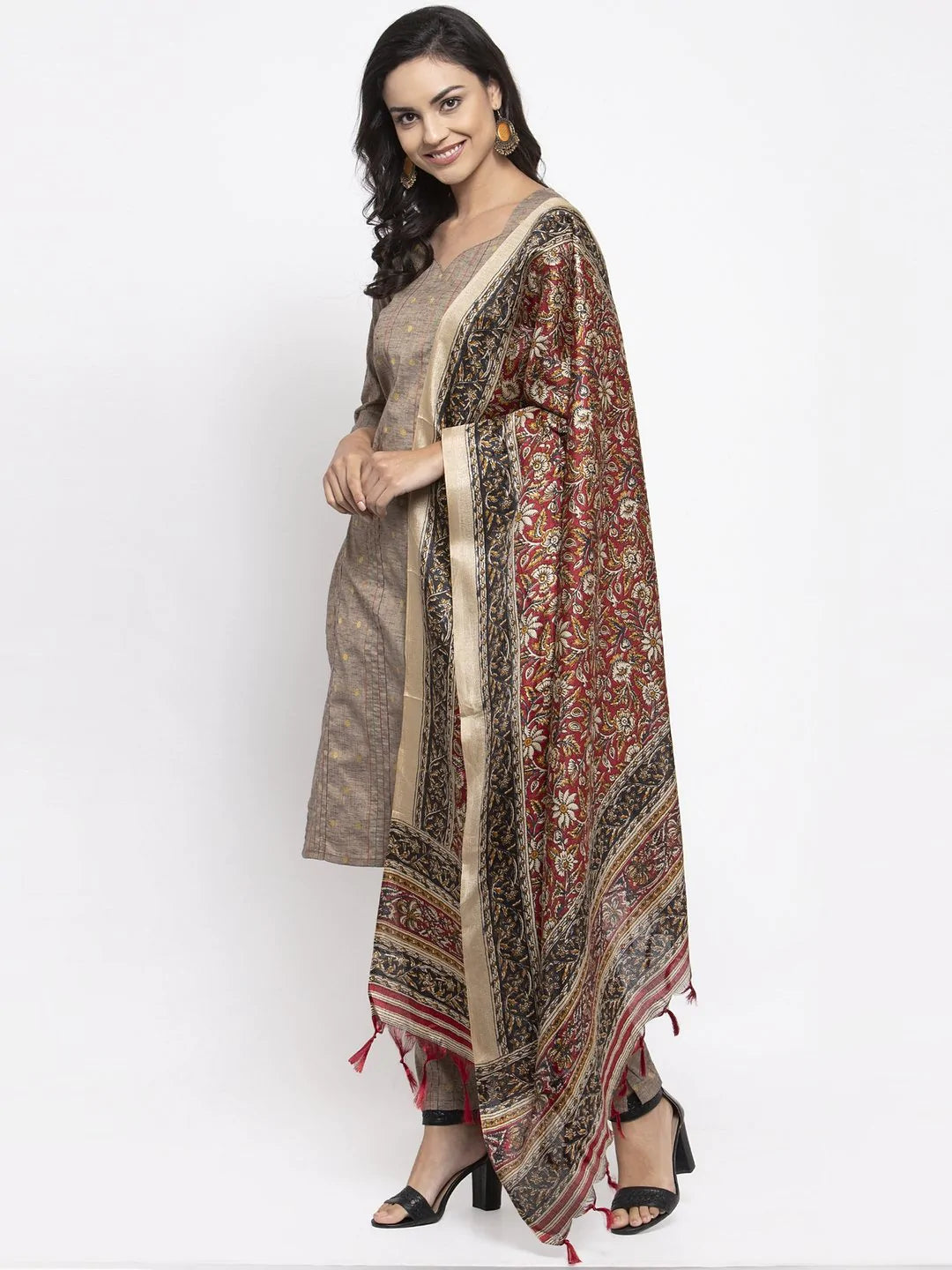 Jompers Women's Grey Striped Kurta with Trousers & Red Printed Dupatta - Distacart