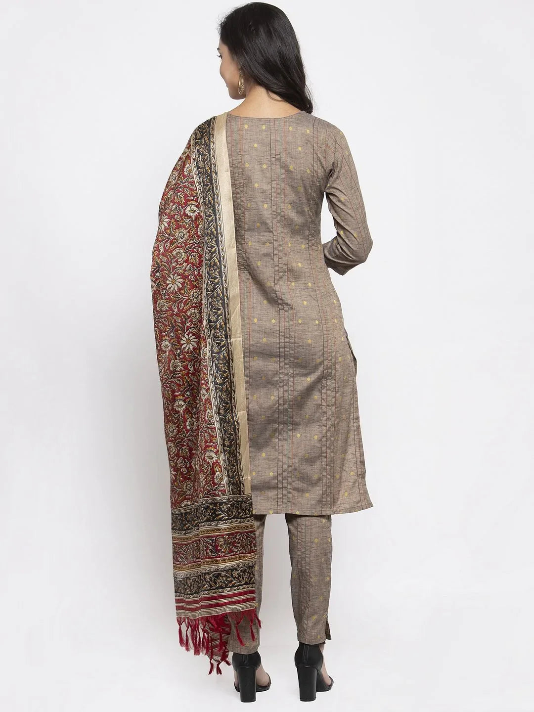 Jompers Women's Grey Striped Kurta with Trousers & Red Printed Dupatta - Distacart