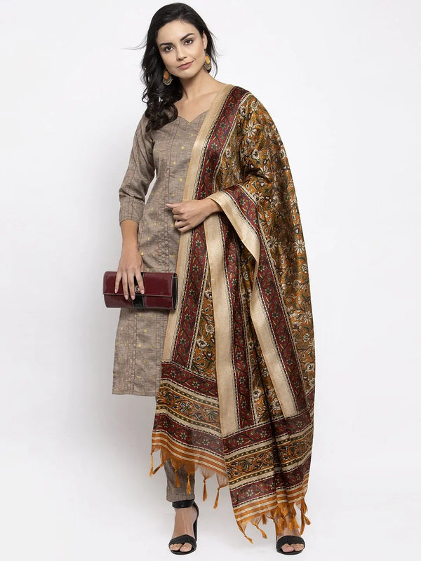 Jompers Women's Grey Striped Kurta with Trousers & Mustard Printed Dupatta - Distacart