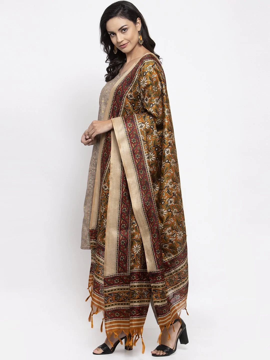 Jompers Women's Grey Striped Kurta with Trousers & Mustard Printed Dupatta - Distacart