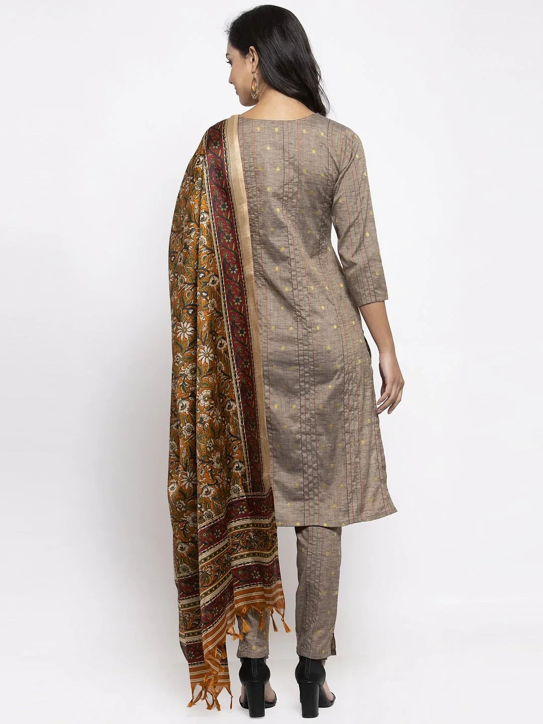 Jompers Women's Grey Striped Kurta with Trousers & Mustard Printed Dupatta - Distacart