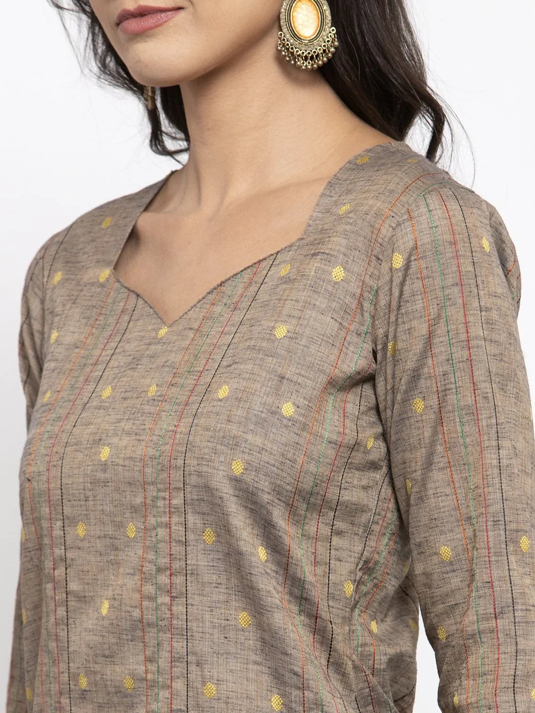 Jompers Women's Grey Striped Kurta with Trousers & Mustard Printed Dupatta - Distacart