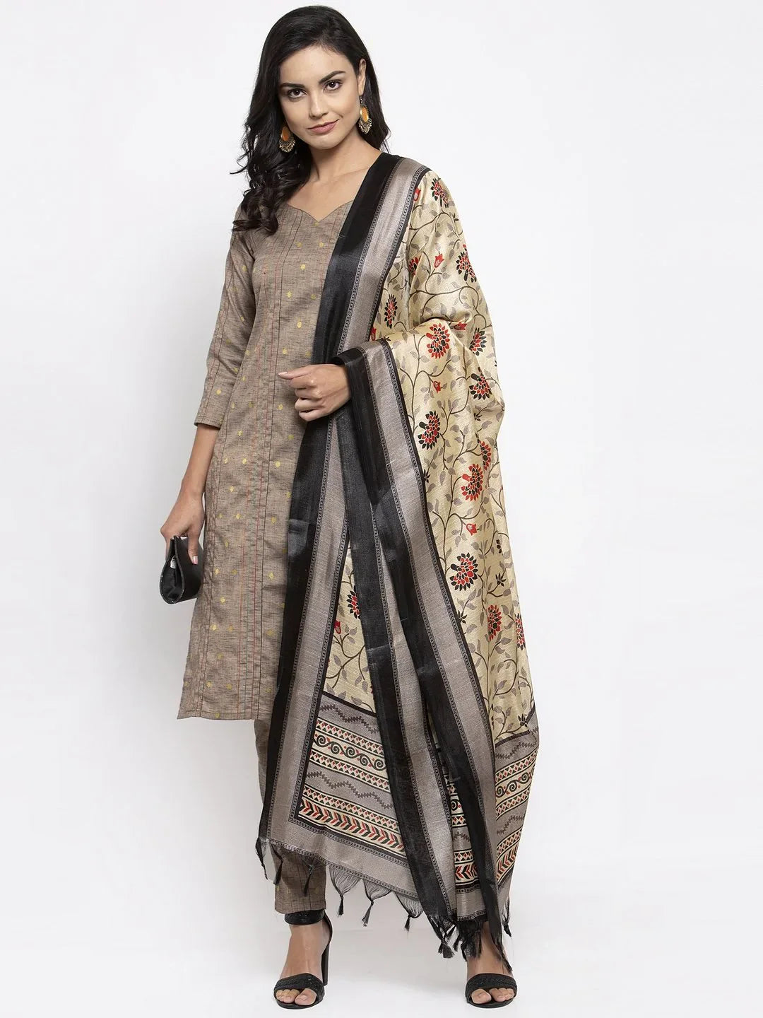 Jompers Women's Grey Striped Kurta with Trousers & Beige-Red Printed Dupatta - Distacart