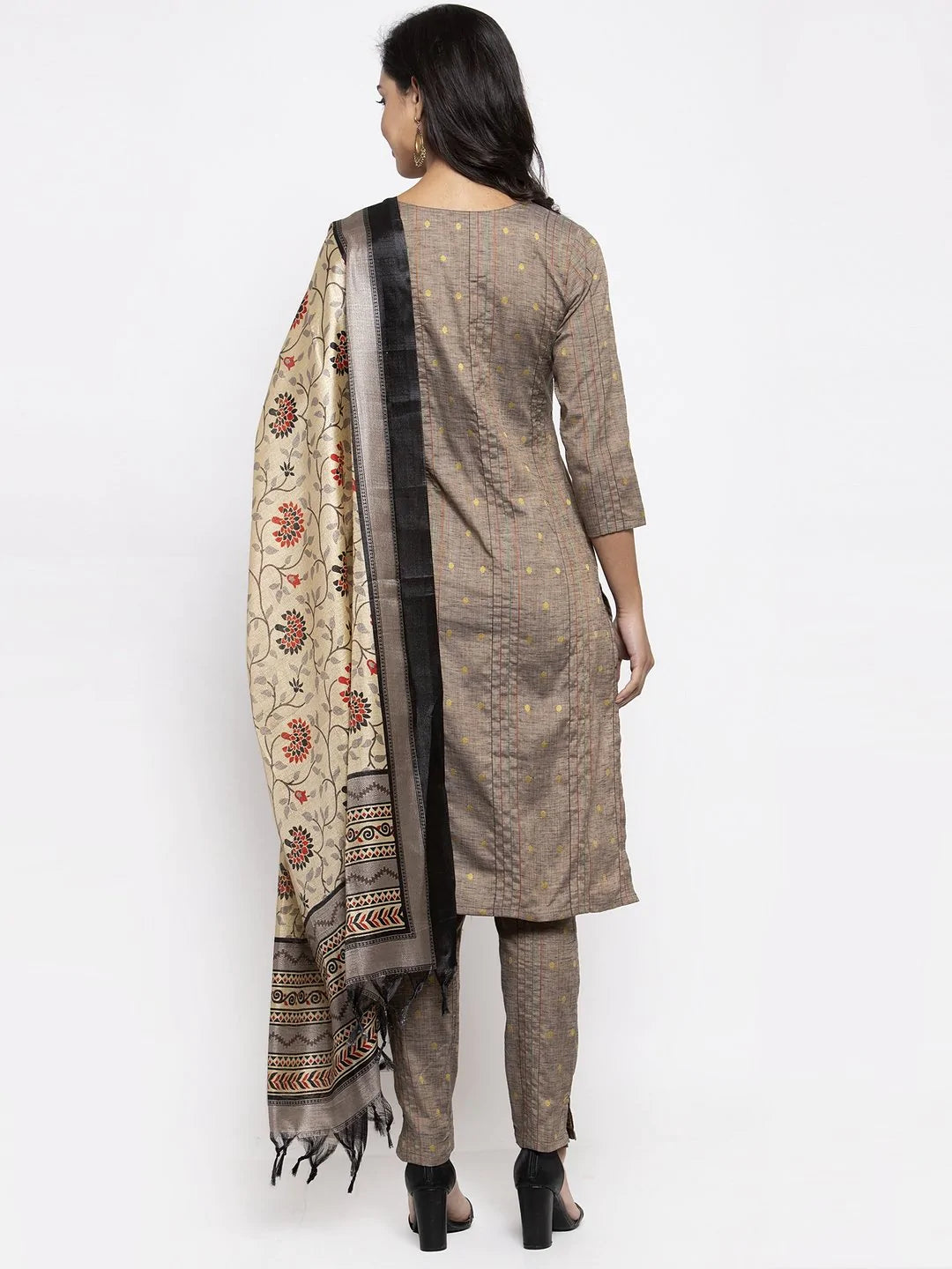 Jompers Women's Grey Striped Kurta with Trousers & Beige-Red Printed Dupatta - Distacart