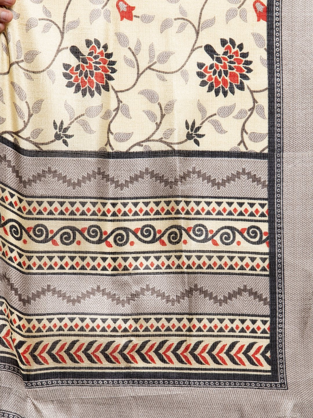 Jompers Women's Grey Striped Kurta with Trousers & Beige-Red Printed Dupatta - Distacart