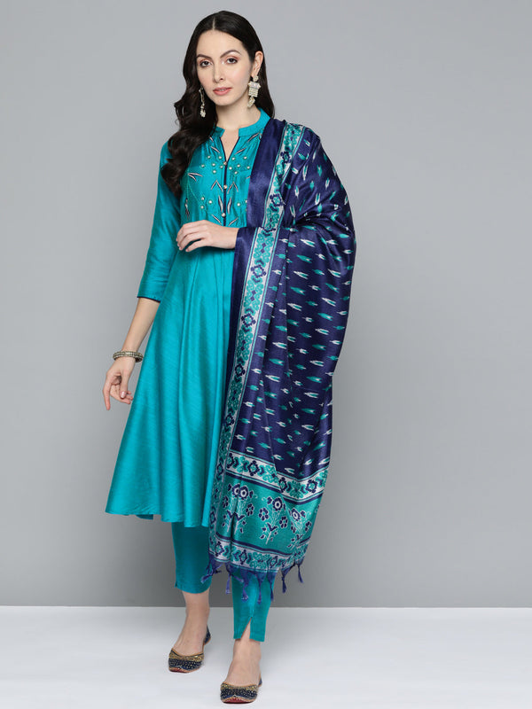 Jompers Women's Floral Embroidered Kurta with Trousers & With Dupatta - Blue - Distacart