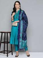 Thumbnail for Jompers Women's Floral Embroidered Kurta with Trousers & With Dupatta - Blue - Distacart