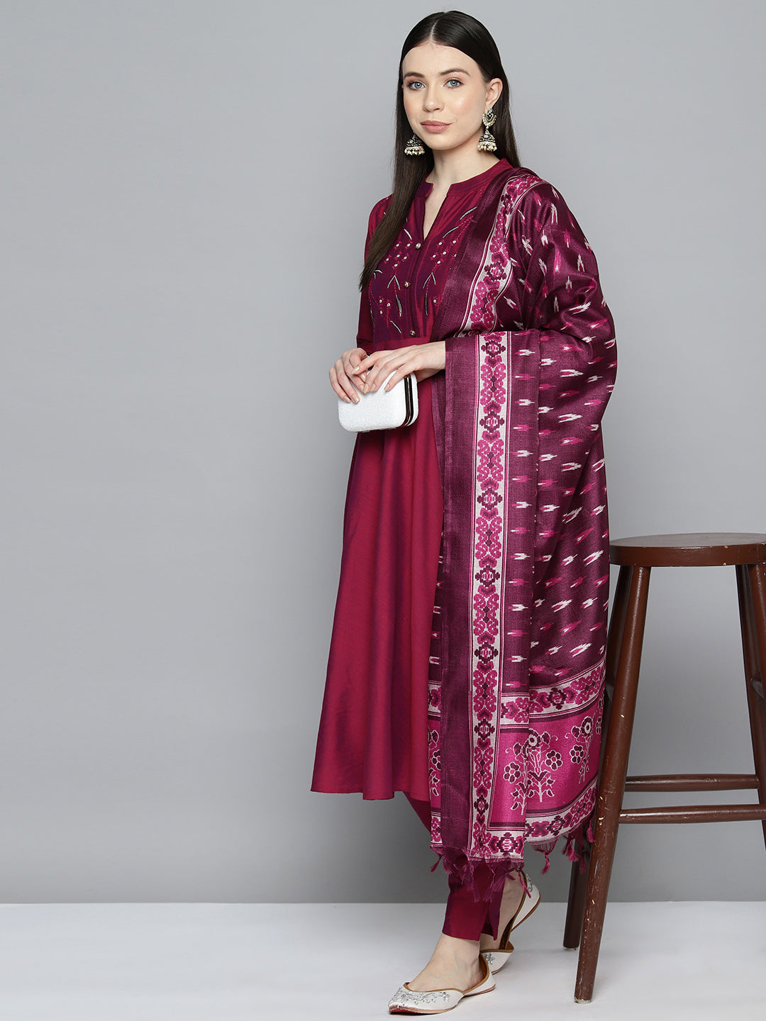 Jompers Women's Embroidered Cotton Silk Flared kurta,pant with dupatta set - Pink - Distacart