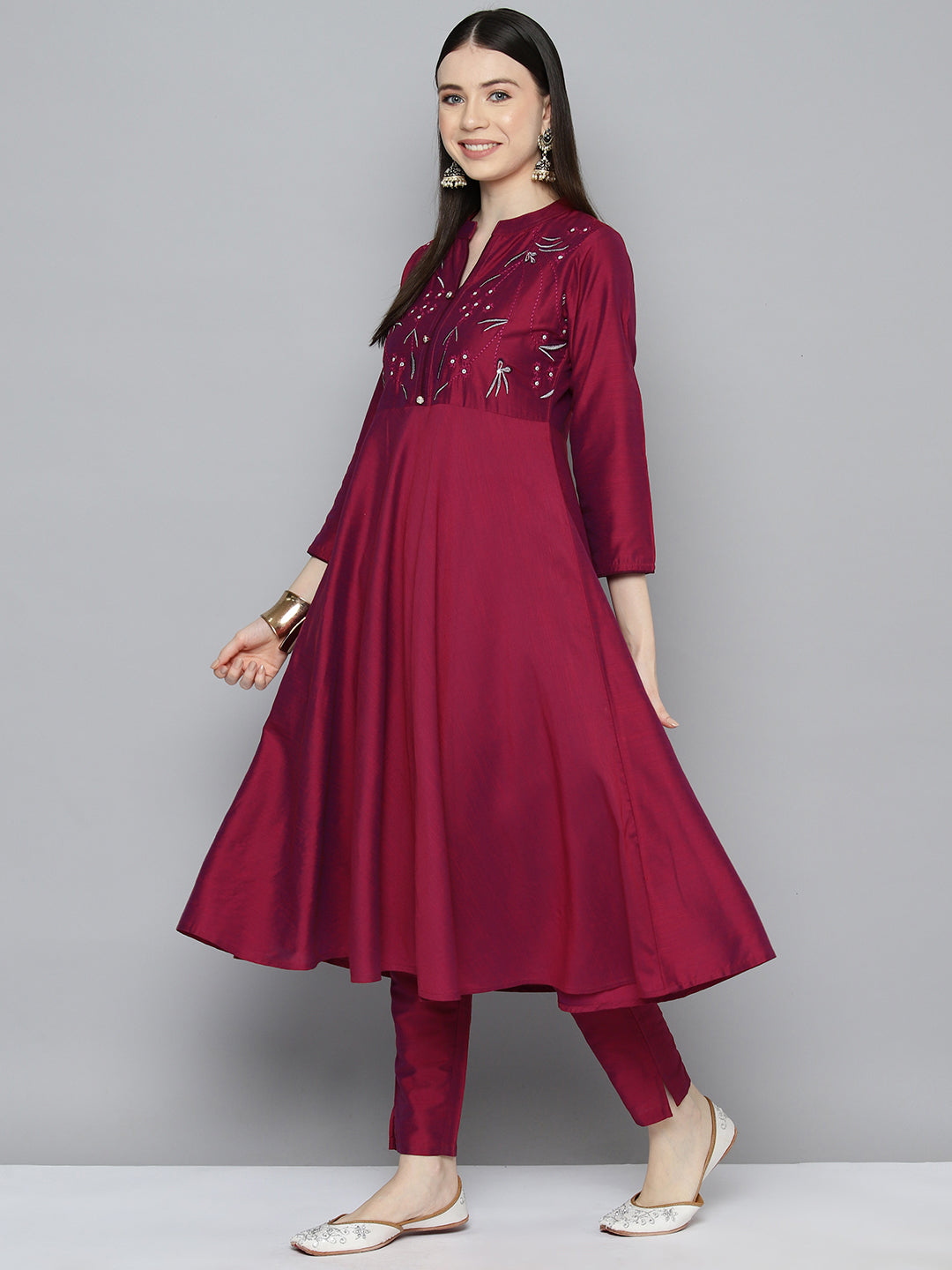 Jompers Women's Embroidered Cotton Silk Flared kurta,pant with dupatta set - Pink - Distacart